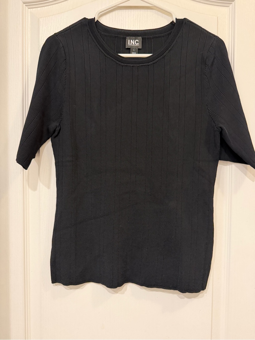 INC International Concepts Black Ribbed Short Sleeve Top